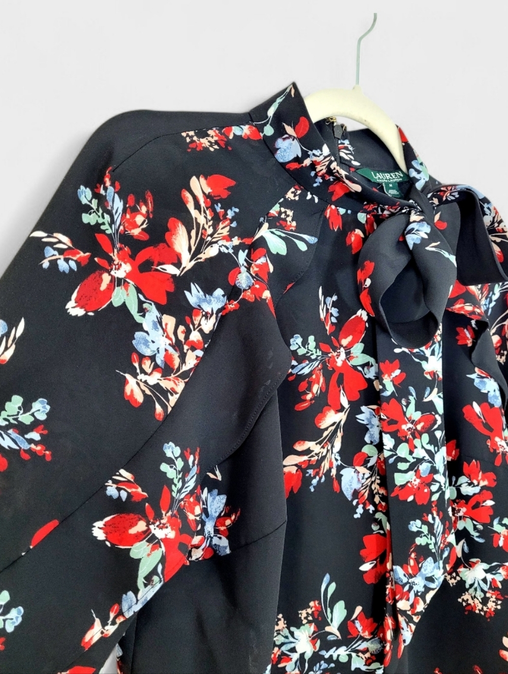 Lauren Ralph Lauren Black Multi Floral Tie-Neck Blouse Ruffle Trim Medium - Picture 4 of 10